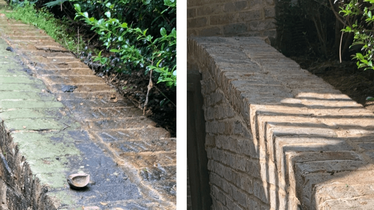 Before and after of a red brick wall revived with soft washing