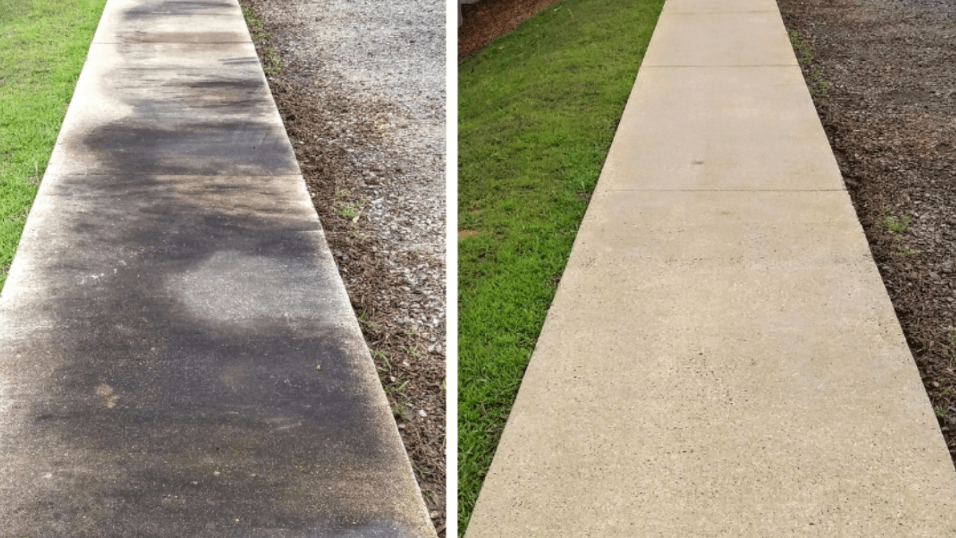 Before and after of sidewalk cleaned free of clay and rust stains